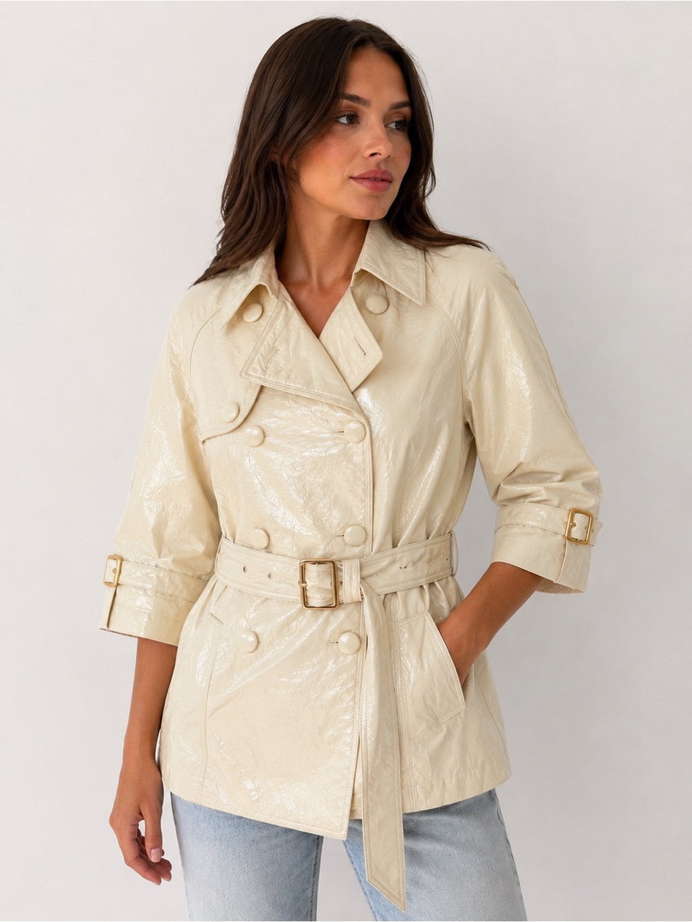 NWT INC International Concepts Ivory Glossy Coated Short Trench Coat M